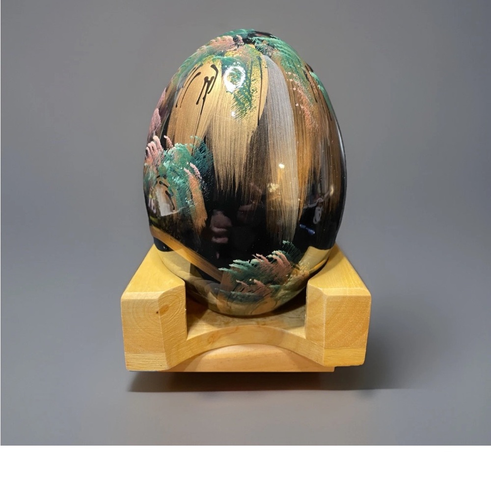 Vintage Hand Painted Porcelain Asian Inspired Egg with Stand - Black and Gold
